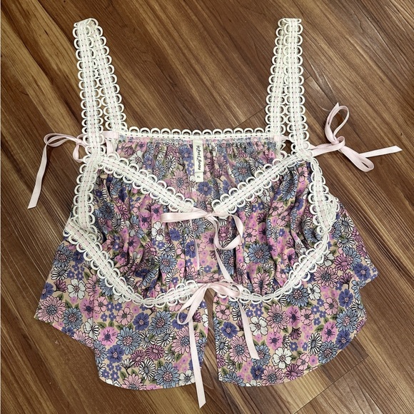 FOR LOVE & LEMONS Willow Multi Floral Bow Tie Ribbon Bow Coquette Top Purple XL - Picture 8 of 12